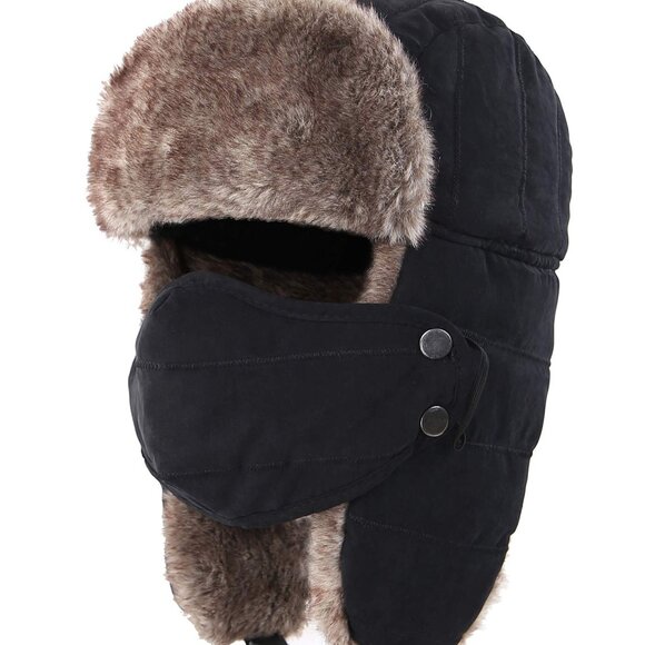 Men's Trapper Hat with Removable Face Mask Warm Winter Faux Fur Earflaps